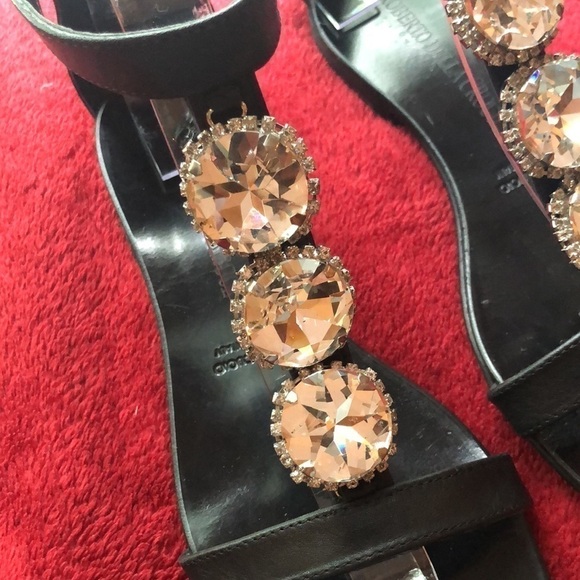 Black Embellished Flat Leather Sandals 37 - Picture 2 of 6